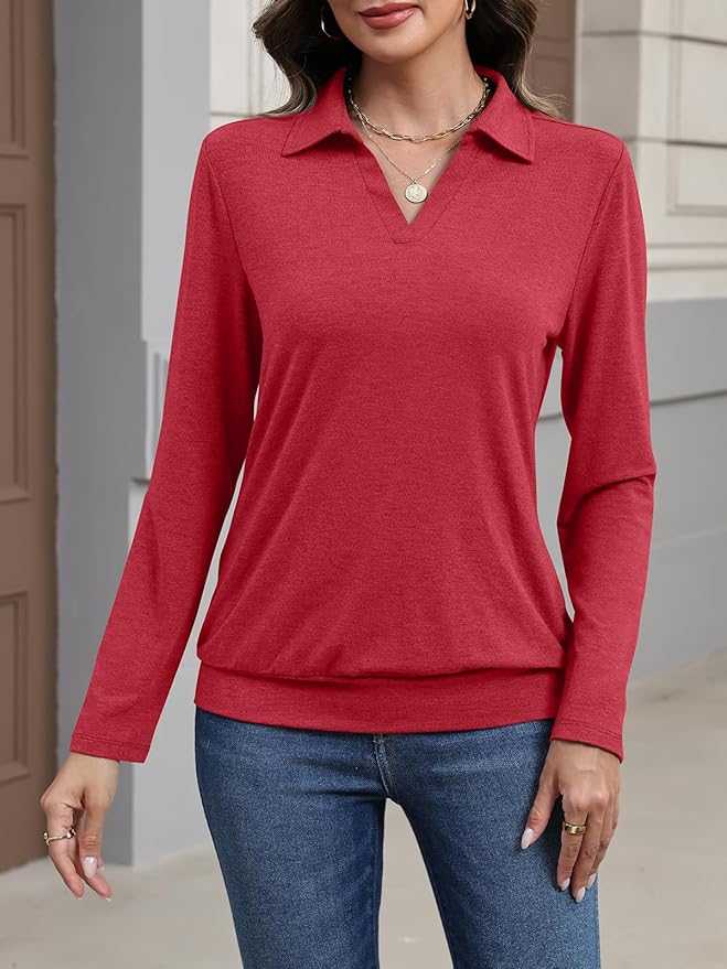 Womens Polo Shirts Long Sleeve Banded Bottom Tops Business Casual Tops Collared V Neck Blouses