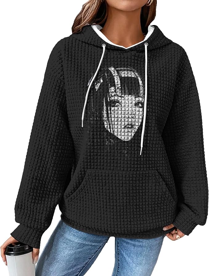 domirica Black Pullover Sweatshirts For Women Trendy Long Sleeve Waffle Sweatshirt With Hood Comfy Fall Clothing Qutfits
