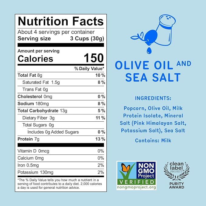 Khloud Protein Popcorn - Olive Oil & Sea Salt - 7g Protein Snacks for Adults & Kids - Flavored Popcorn Made with Real Ingredients & Milk Protein Isolate - Non-GMO, Gluten-Free, Kosher - 4oz, 4pk