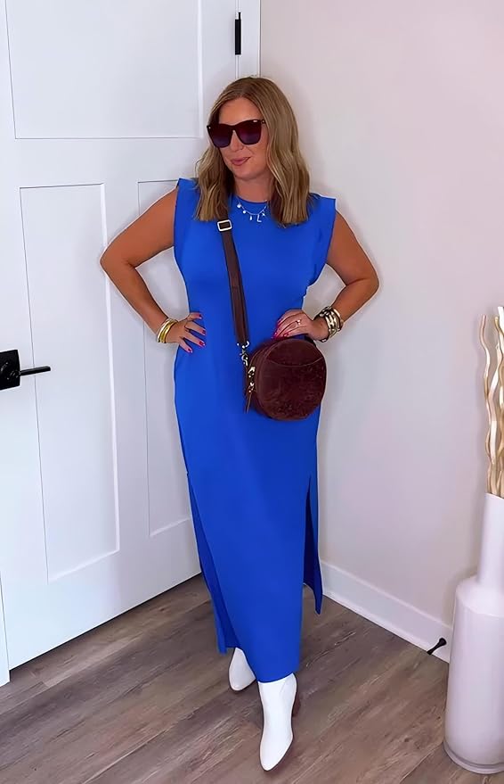 GRECERELLE 2026 Women Year-Round Casual Round Neck Loose Split Wrinkle-Free Long Maxi Vacation Dress with Pockets (XXS-4XL)