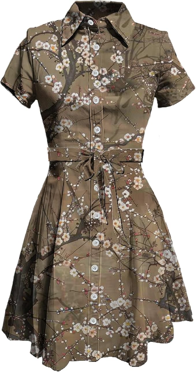 MARSVOVO Vintage Retro Shirt Dress for Women Short Sleeve Button Down Tie Waist Elegant Smocked Knee Length Dress