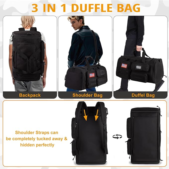 Expandable Gym Bag For Men,Tactical Large 3 in 1 Sports Duffle Bag With Shoes Compartment,Water Resistant Sports Gym Tote Bags Multi-functional Weekend Travel Backpack Overnight Bag