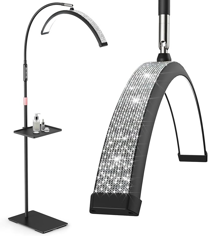 Lash Light, 23 Inch Bling Diamond Half Moon Light for Eyelash Extensions, Nail Art, Tattoo Art and Skincare, Adjustable Color Modes and Flexible, with Tool Tray (Black)