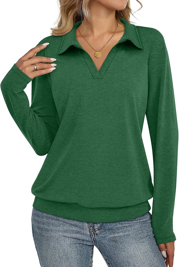 Womens Polo Shirts Long Sleeve Banded Bottom Tops Business Casual Tops Collared V Neck Blouses