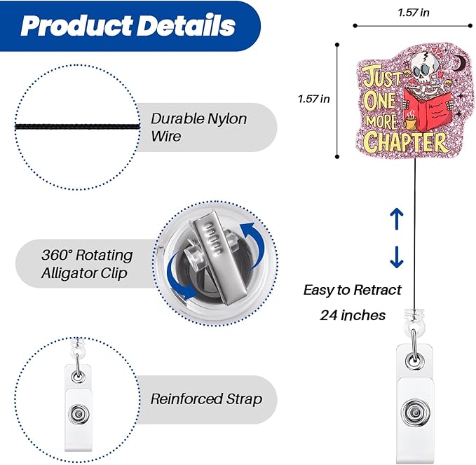 Just One More Chapter Book Lover Badge Reel, Cute Reading Skeleton Librarian Retractable ID Card Badge Holder, Interchangeable Name Tag Badge Clip for Library Staff Gifts, Bookworm Accessories