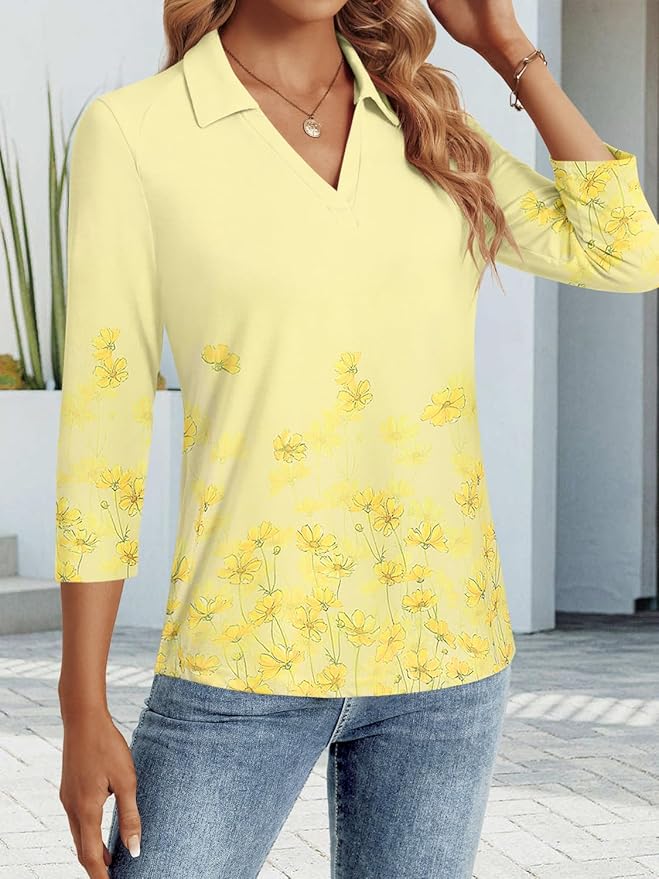 3/4 Length Sleeve Womens Tops Dressy Casual V Neck Polo Shirts Business Work Blouses 2025 Trendy Tunic Top