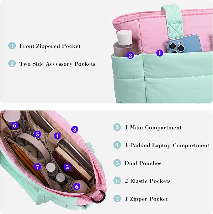 AOCINA Puffer Tote Bag for Women Quilted Work Bag Nurse Bags Women's Shoulder Handbags for Travel Gym Gifts Laptop Purse