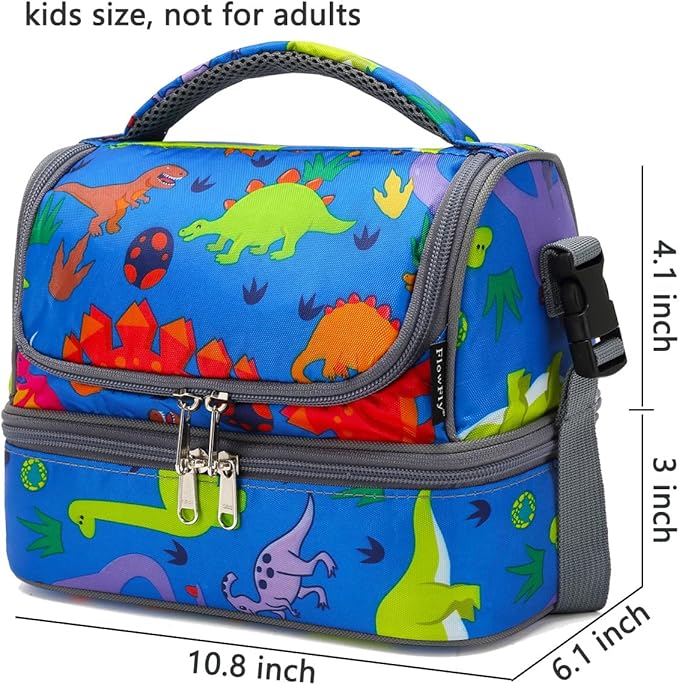 FlowFly Kids Double Decker Cooler Insulated Lunch Bag Large Tote for Boys, Girls, Men, Women, With Adjustable Strap, Dinosaur