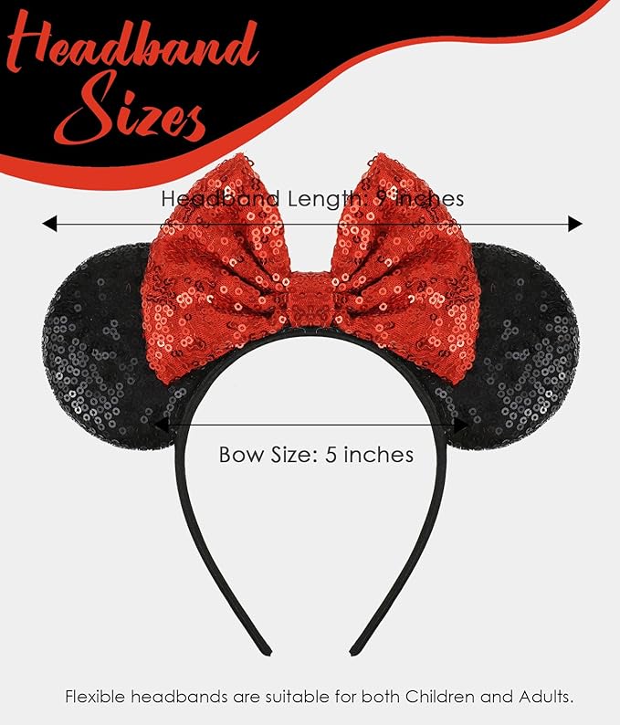 LIHELEI Mouse Ears Headband with Sequin Bows, Headbands for Women Halloween Costume, Headwear Hair Accessories - Red and black Mouse Ear