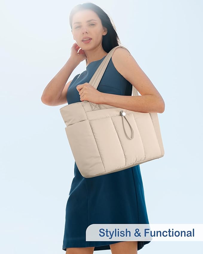 TOPDesign Puffy Tote Bag for Women with Cup Holder & Laptop Compartment & Cosmetic Bag & Trolley Sleeve for Work, Travel