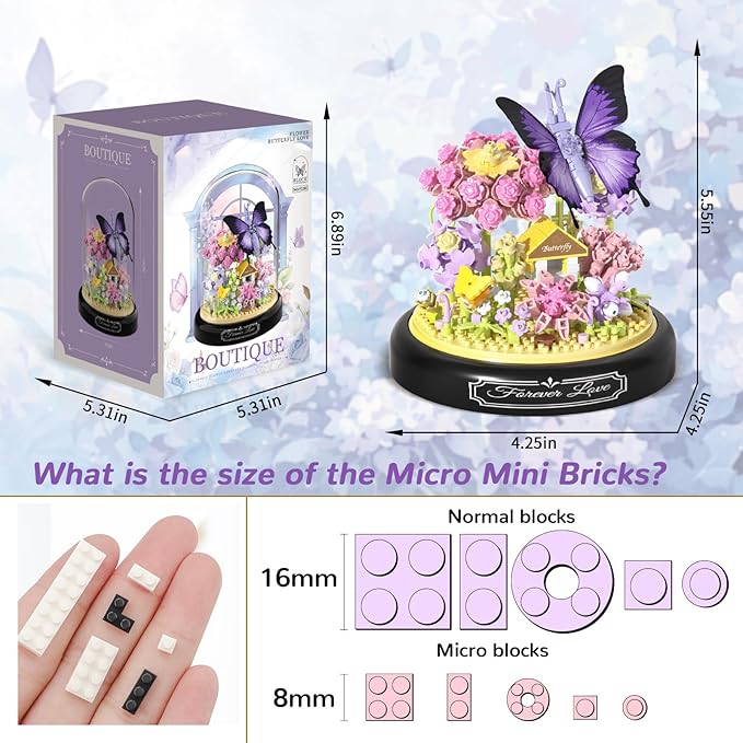 QLT QIAOLETONG Flower Bouquet Building Kit for Adults, Animals Flowers 582 PCS Botanical Collection Mini Building Blocks Set, Valentine's Day for Her Mom Women Wife Girlfriend (Butterfly)