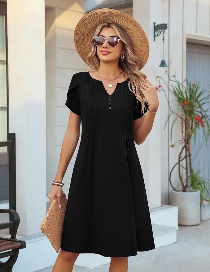 Zeagoo Women's Casual Dresses with Pockets Summer Floral V-Neck A-Line Tshirt Dress Short Sleeve Mini Dress Beach Sundress