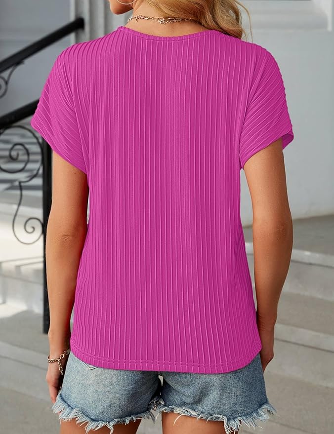 JUSTFASHIONNOW Womens Short Sleeve Blouses Business Casual Tops Crew Neck Basic Tees Textured Work Shirts Cute Office Outfits