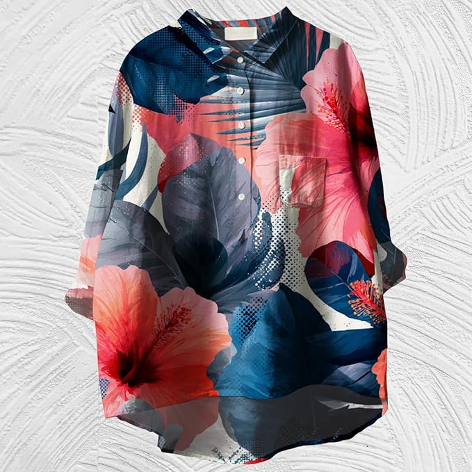 Womens Boho Tops 3/4 Long Sleeve Floral Blouses Hawaii Beach Button Down Shirts V Neck Pullover Casual Tunics