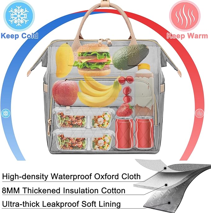 AIJIEKE Lunch Bag for Women, Leakproof & Insulated Work Lunch Tote, Reusable Adult Cooler Bag with Water Bottle Side Pocket & Removable Shoulder Strap, Grey