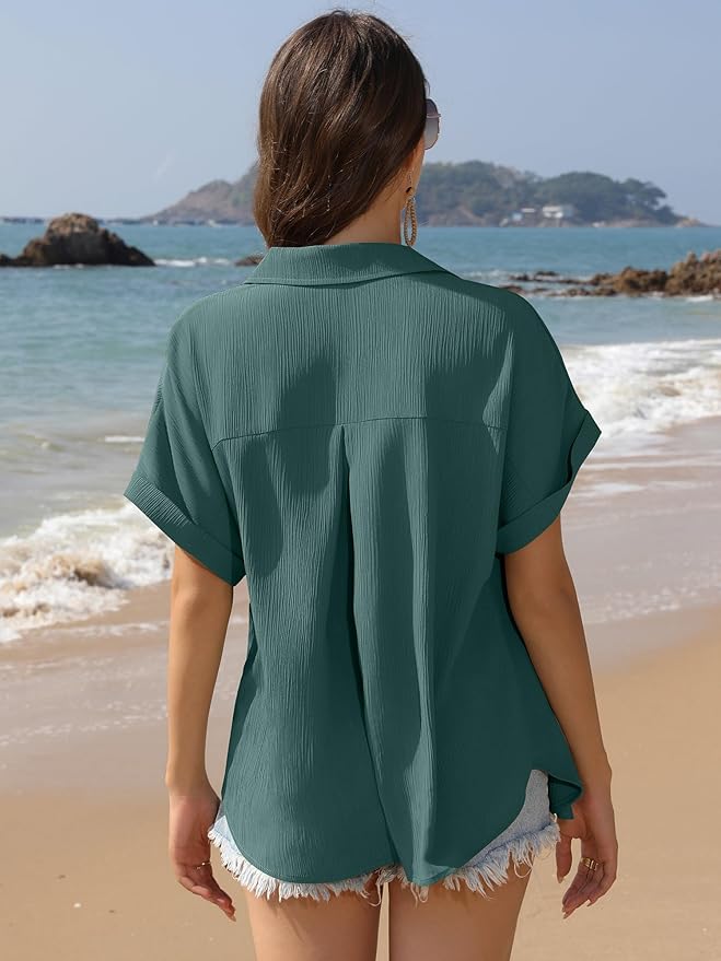 Womens Button Down Shirt Casual Short Sleeve Collared Work Blouse with Pocket
