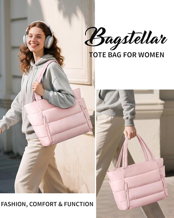 Puffer Tote Bag for Women, Lightweight Puffy Work Handbag Teacher Nurse Quilted Shoulder Bag for School Travel Gym | Quilted, with Zipper, Daily Carry On Bags, Comfy College Bags, 15.6" Laptop Sleeve, Cup Holder Pocket, Portable, Spacious