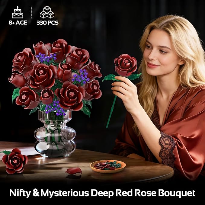 HOGOKIDS Flowers Bouquet Building Set - 15 Burgundy Roses Valentine's Day Gfit for Her, 330PCS Deep Red Rose Botanical Collection Building Blocks Artificial Flower Home Office Decor for Adults Kids 8+