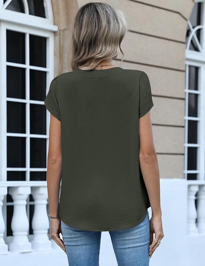 Zeagoo Womens Tops Dressy Casual Textured Blouses Cap Short Sleeve Shirts V Neck Button Up Summer Spring Work Tshirt Clothes
