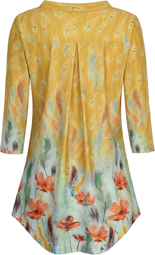 BAISHENGGT 3/4 Sleeve Tops for Women Notch V Neck Floral Work Blouses Dressy Casual Loose Fit Going Out Tunic Tops