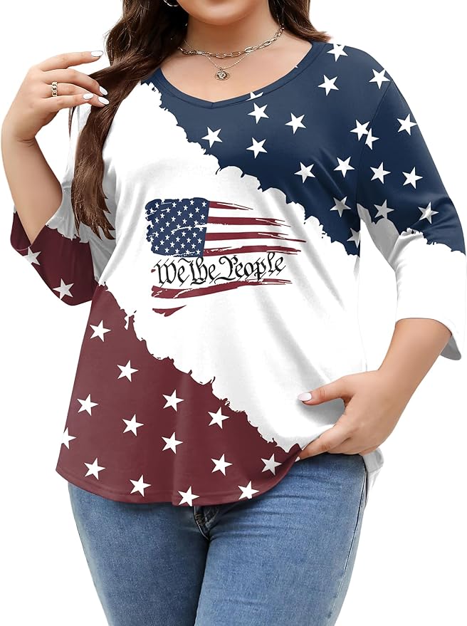TFSDOD Womens Plus Size Tops V Neck T Shirts 3/4 Sleeve Blouse Summer Casual Tees XL-5X