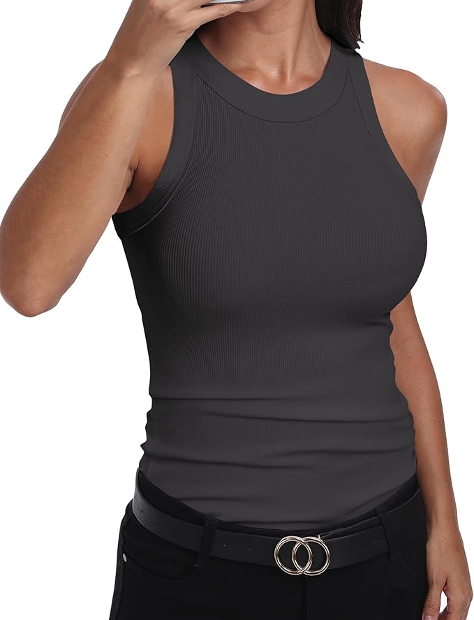 GEMBERA Womens Sleeveless Racerback High Neck Casual Basic Cotton Ribbed Fitted Tank Top