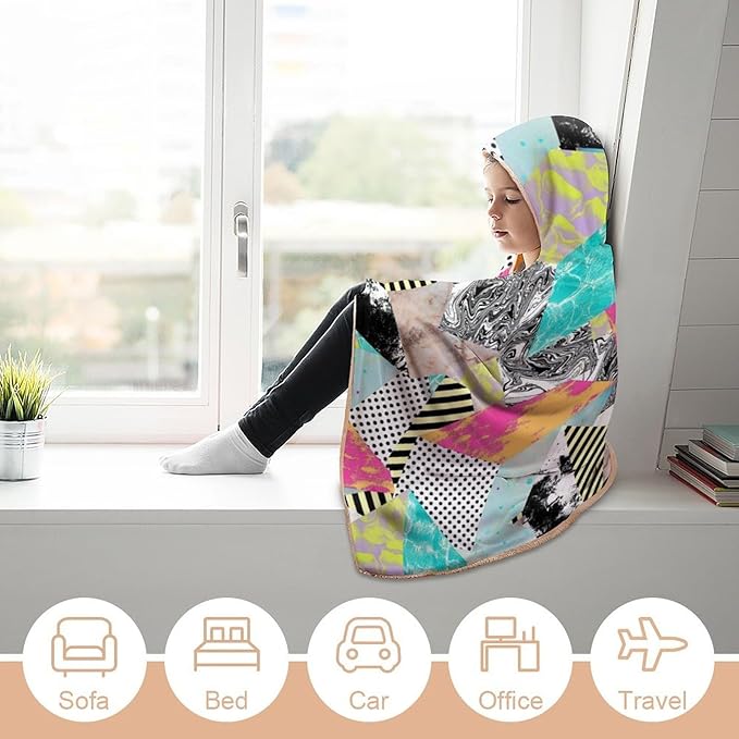 80s 90s Vintage Retro Wearable Blanket Flannel Hooded Blankets Soft Warm Blanket Hoodie for Room Couch Bed Office