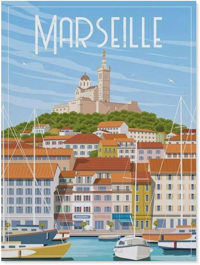 1000 Pieces Landscape Puzzles DIY，Marseille France Port Vintage Travel Poster，Jigsaw Creativity Toys for Kids Adults（38x26cm）-BO13