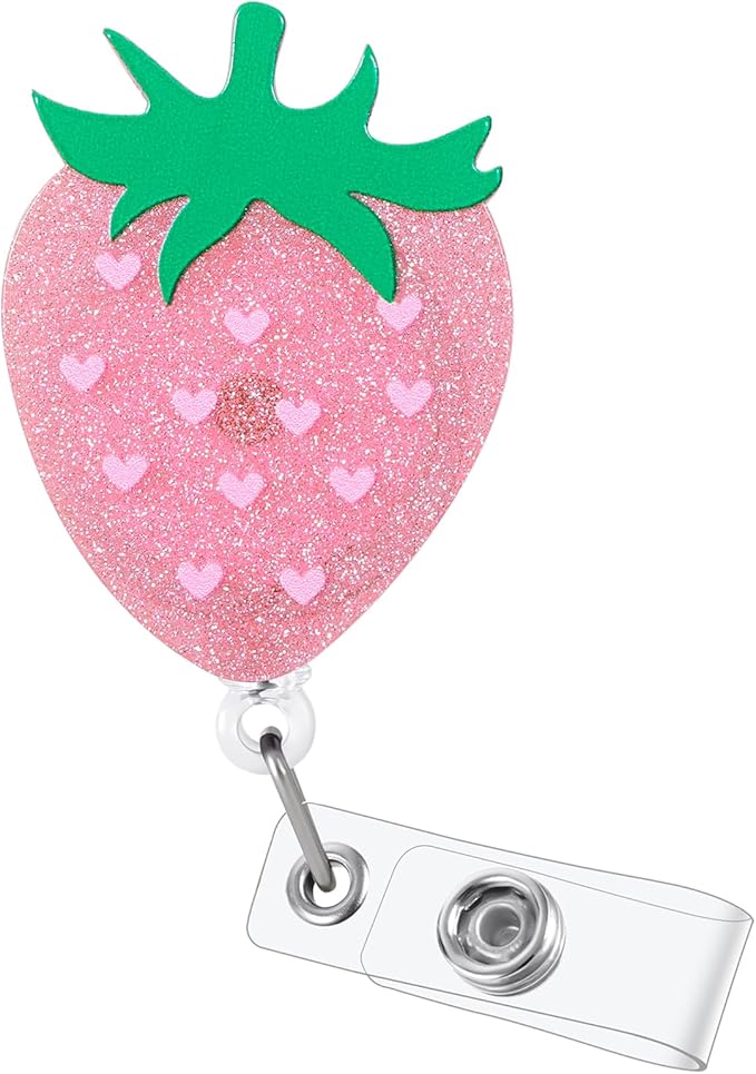 Funny Pink Strawberry Badge Reel, Cute Retractable ID Card Badge Holder, Name Tag Work Badge Clips for RN LPN CNA Nicu Labor and Delivery Nurse Medical Assistant Nursing Student Teacher