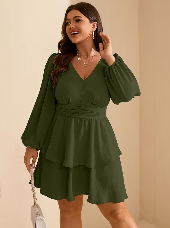 RWJ Plus Size Dresses for Curvy Women V Neck Long Sleeve Elastic Waist Fall Wedding Guest Layer Casual Mini Dress