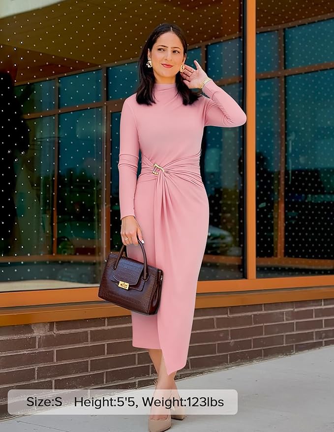 ZESICA Women's 2026 Spring Long Sleeve Bodycon Dress Mock Neck Wedding Guest Cocktail Party Long Midi Dresses
