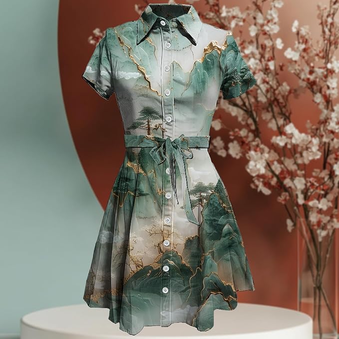 MARSVOVO Vintage Retro Shirt Dress for Women Short Sleeve Button Down Tie Waist Elegant Smocked Knee Length Dress