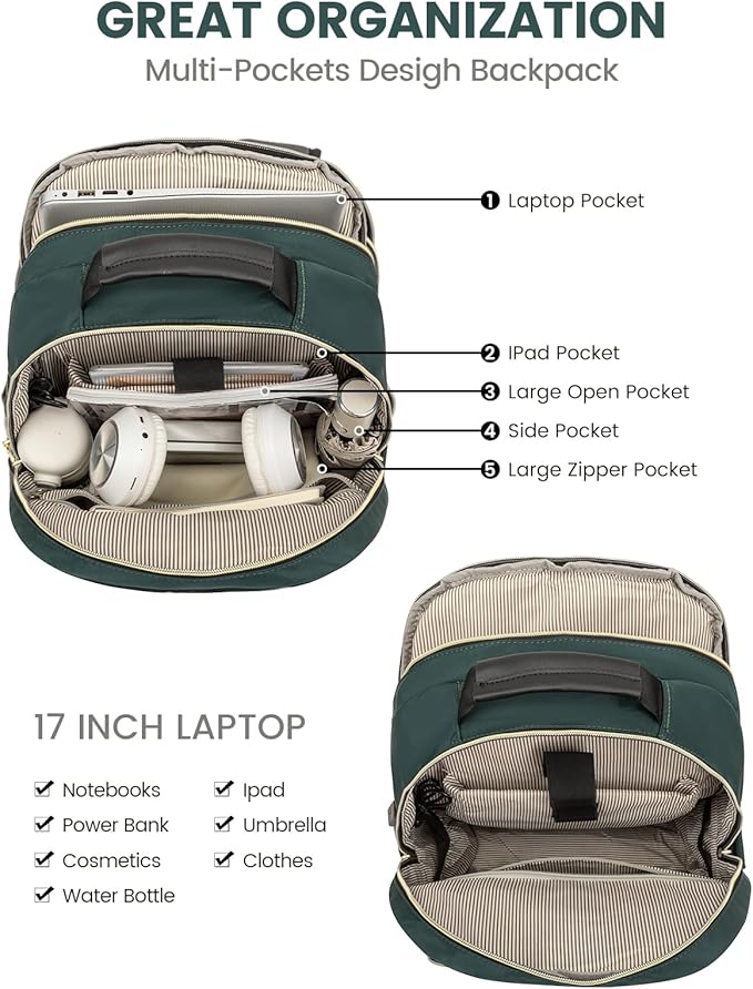 LOVEVOOK Laptop Backpack for Women, Large Capacity Travel Computer Work Bag with 17-inch Laptop Compartment, Business Nurse Backpack Purse, Hiking Outdoor Carry On Backpack, Deepgreen