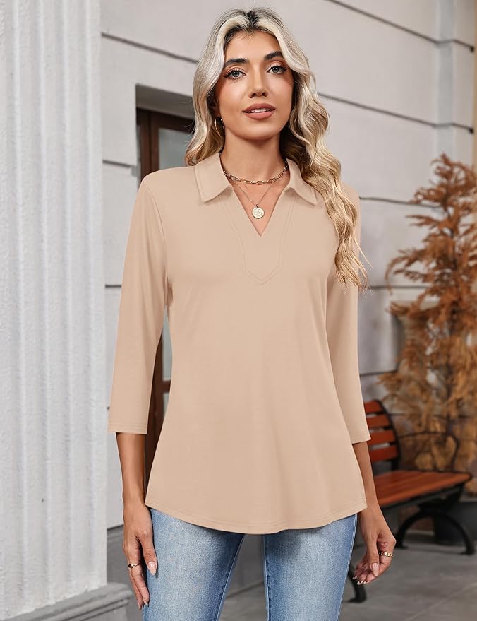LOMON 3/4 Length Sleeve Womens Tops 2026 Spring Summer Collared Polo Shirts V Neck Casual Basic Polos Tees Shirt