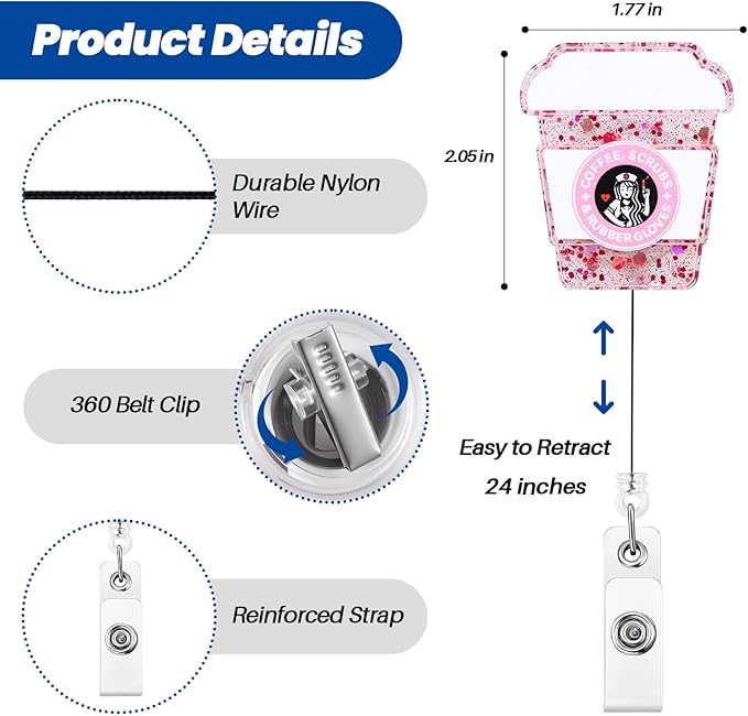 Coffee, Scrubs & Rubber Gloves Funny Badge Reel, Pink Retractable ID Card Badge Holder, Name Tag Work Badge Clip for RN LPN CNA MA ER ICU Night Shift Nurse Nursing Student OB/GYN Doctor, Nurse Gifts