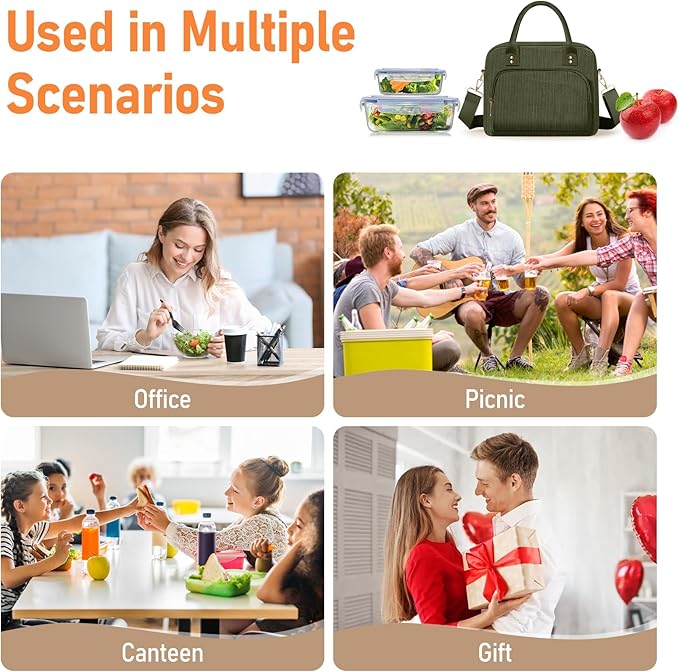 Lunch Bag Large Insulated Lunch Box for Women Men Adult Cute Green Lunchbox Corduroy Lunch Bags Boxes Pail with Adjustable Shoulder Strap for Work Mom Picnic Office Travel 11.4×6.8×9.1 inches 11.5L