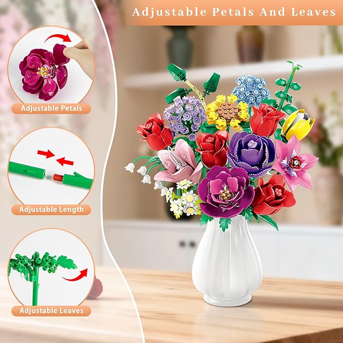 Loyratche Flower Bouquet Building Set, Compatible with Lego Flowers, 16 Flowers Rose Building Block, Artificial Flowers Botanical Collection Building Block Toy Plant Home Decor, Gift for Her (907 PCS)