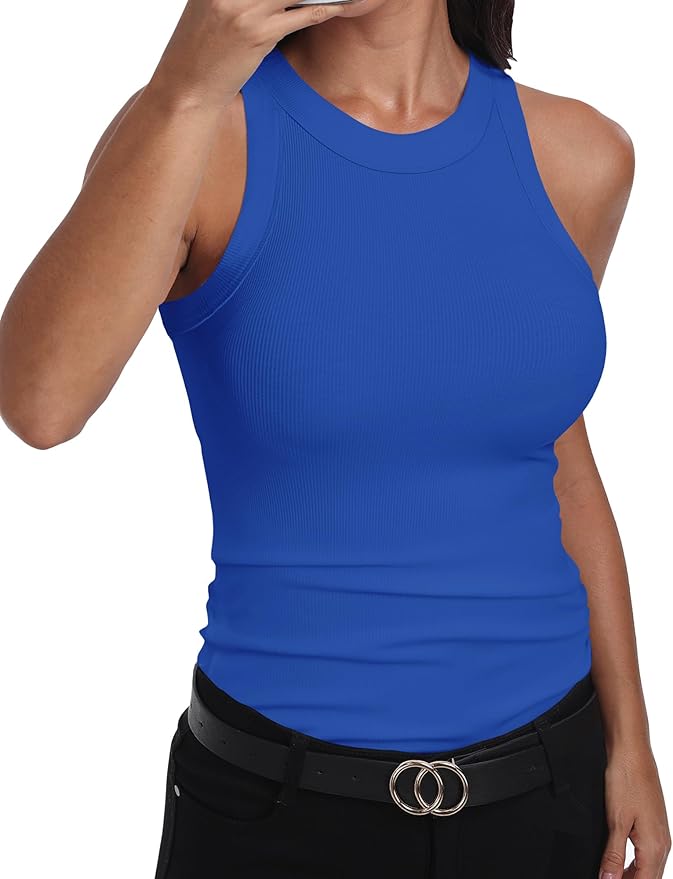 GEMBERA Womens Sleeveless Racerback High Neck Casual Basic Cotton Ribbed Fitted Tank Top