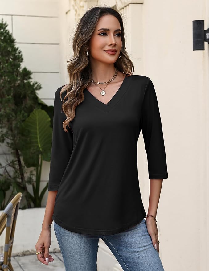 Zeagoo 3/4 Length Sleeve Womens Tops V Neck Shirt Dressy Casual Blouse Basic Tshirts 2026 Fashion Clothing S-2XL