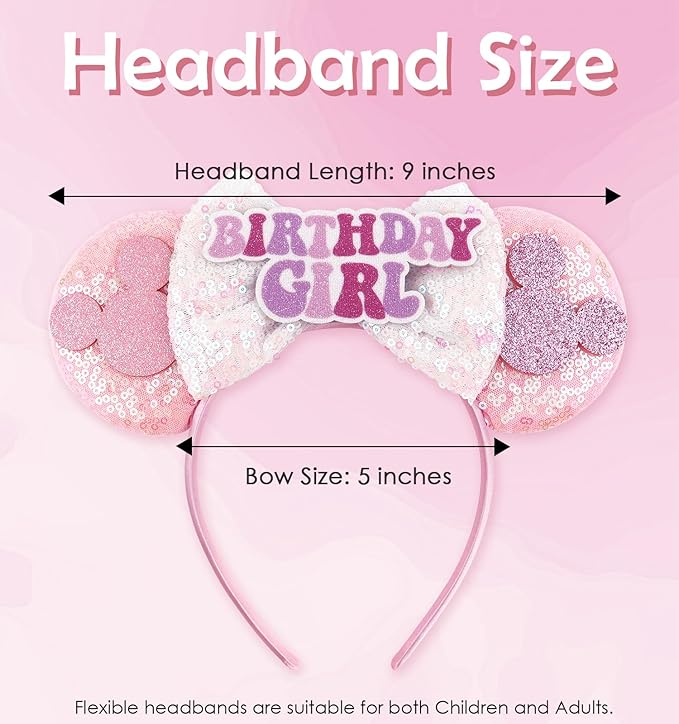 LIHELEI Mouse Ears Headband for Birthday Women, Princess Pink Headbands for Women, Sequin Bows Headwear Hair Accessories - Pink Birthday Headband