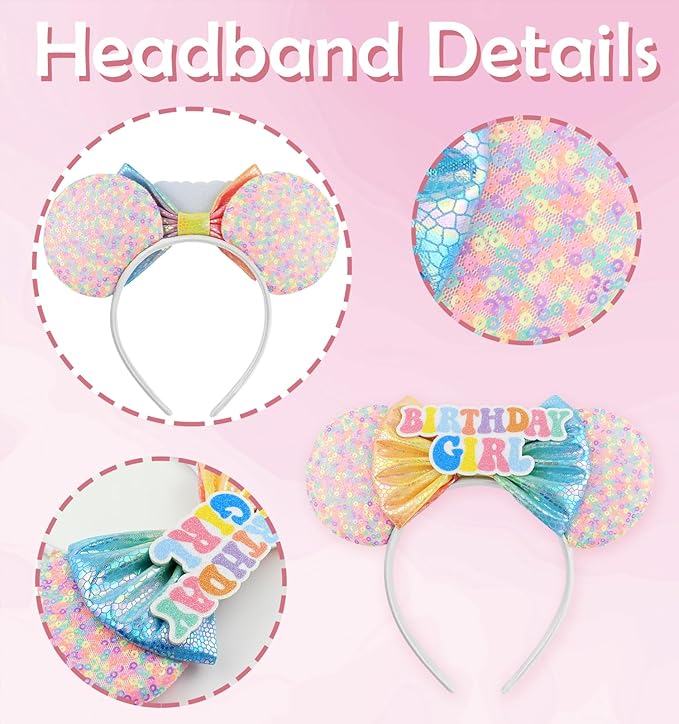 LIHELEI Mouse Ears Headband, Princess Pink Headbands for Women Birthday Party, Sequin Bows Headwear Hair Accessories- Birthday Headband