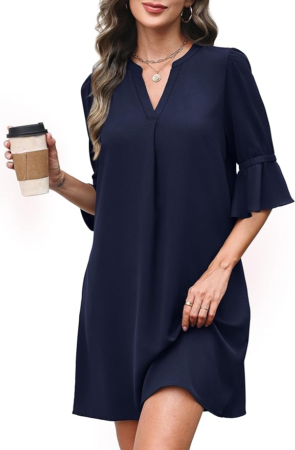 RUMIA Shift Dress for Women V Neck Ruffle Short Sleeve Loose Casual Summer Dress