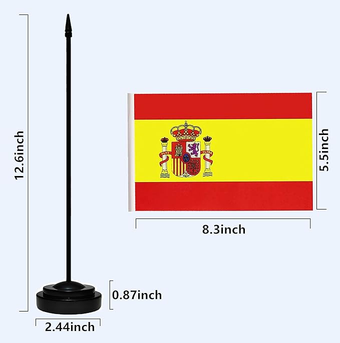 USA American & Spain Spanish Desk Flags, US Spain Table Flag, Small Mini Miniature Spanish and US Desktop Flag With 13" Solid Black Pole, Black Base