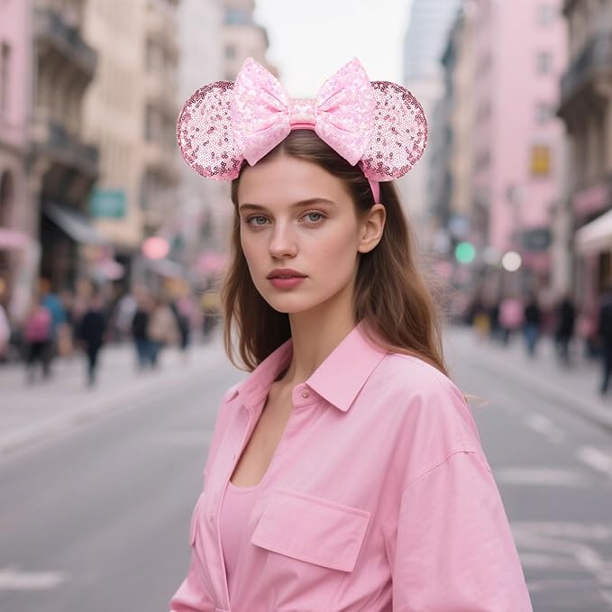 HAMUTH Pink Bow Mouse Ears,Mouse Ears Headband Hairs Accessories for Women Girls,Bow Birthday Decorations for Party Trip Parks Cosplay Accessories