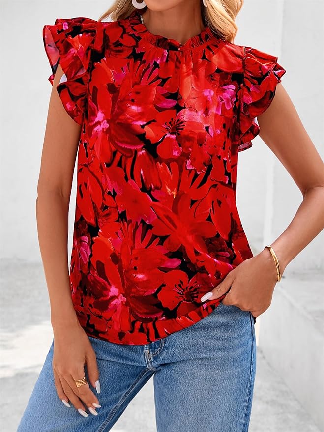 PRETTYGARDEN Women's Ruffle Short Sleeve Summer Tops 2026 Trendy Floral Trim Neck Casual Dressy Chiffon Boho Blouses Shirts