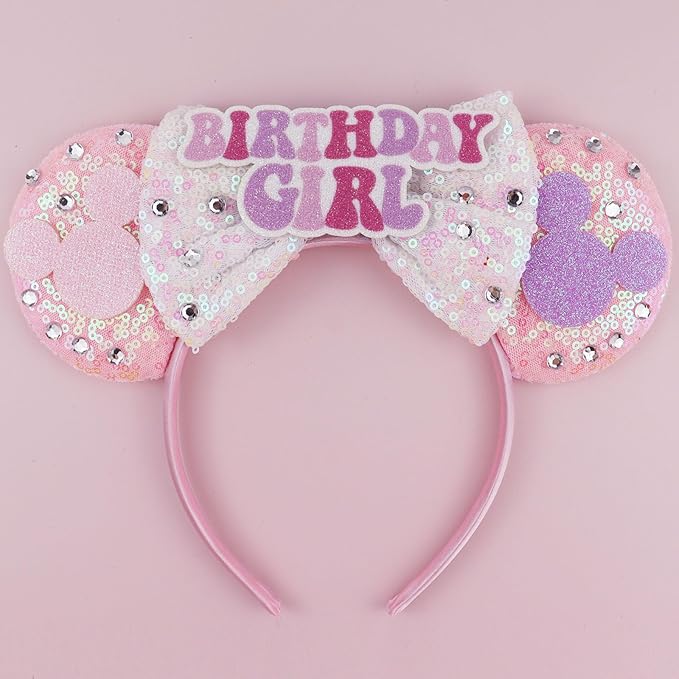 LIHELEI Mouse Ears Headband, Princess Pink Headbands for Women Birthday Party, Sequin Bows Headwear Hair Accessories- BirthdayHeadband