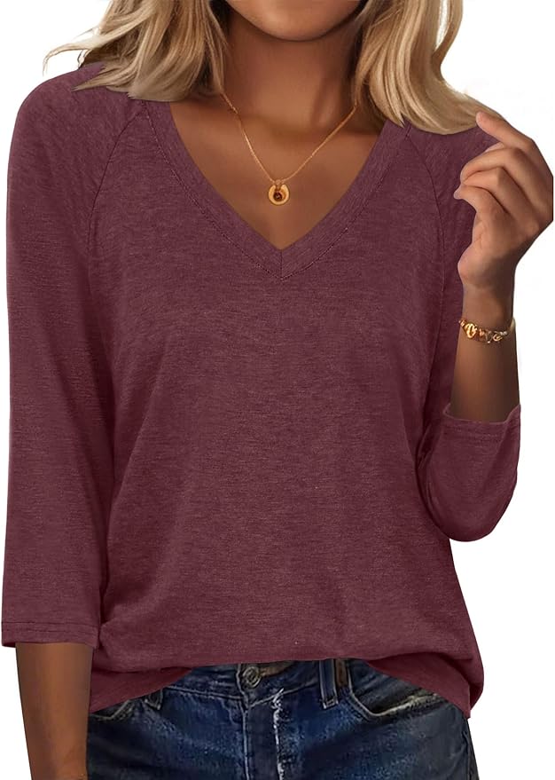 Zeagoo 3/4 Length Sleeve Womens Tops Casual V Neck Shirts Soft Basic Tees Business Work Blouses