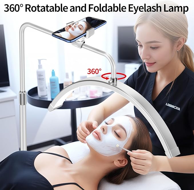 Lash Light for Eyelash Tech-Esthetician Ring Lantern, Half Moon Light for Led Lash Lamp Extensions, Tattoo Artists, Nail Tech - Cool, Warm Lamp with Adjustable Brightness & Height, Phone Holder, White