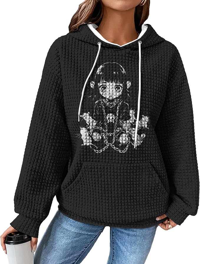 domirica Black Pullover Sweatshirts For Women Trendy Long Sleeve Waffle Sweatshirt With Hood Comfy Fall Clothing Qutfits