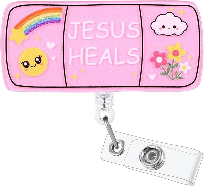 Jesus Heals Funny Nurse Badge Reel, Cute Pink Bandaid Retractable ID Card Pediatric Badge Holder, Name Tag Medical Work Badge Clip for RN CNA MA PS PR EC Nurse Nursing Student Teacher Medical Workers